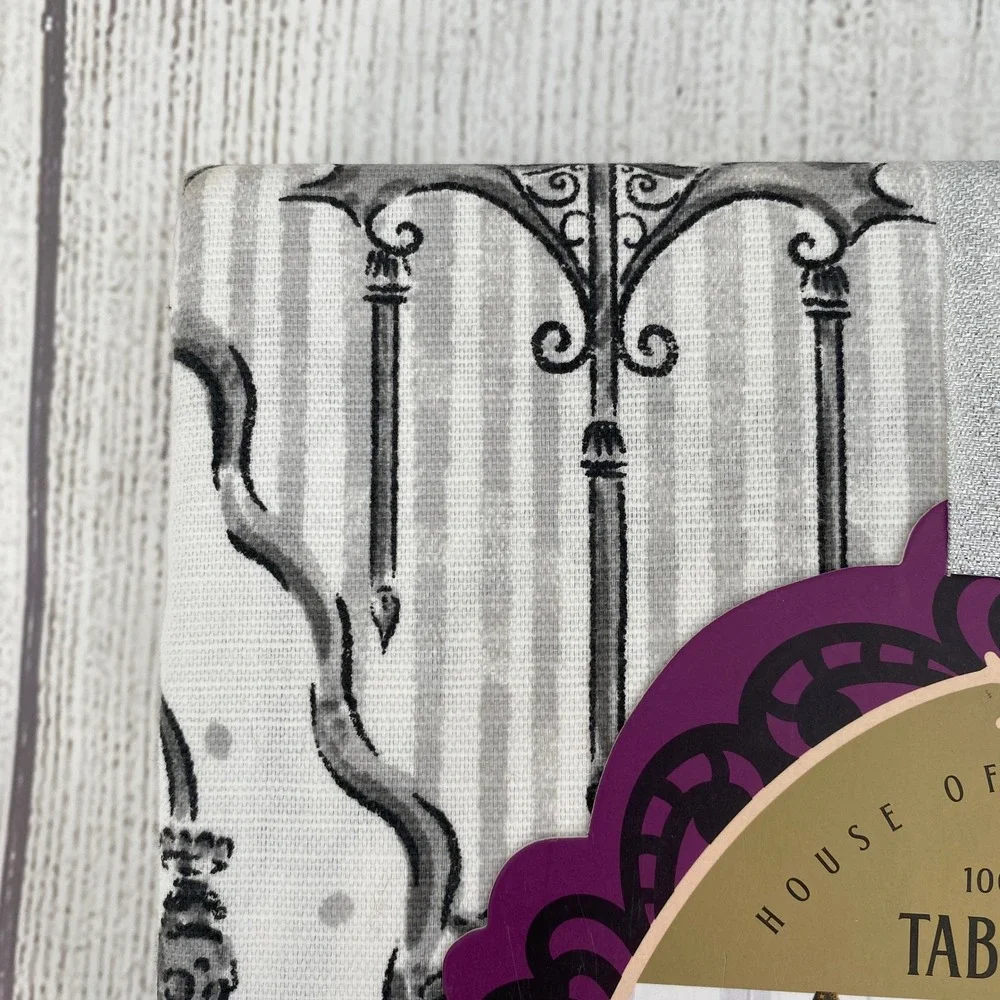 Madame Bones Tablecloth Halloween 60x120 Oblong Grey Gothic Skull Candelabra